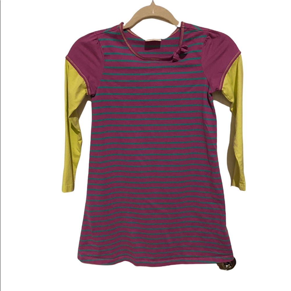 Hannah Andersson striped size 8 cotton dress w/bow detail and contrast sleeves.